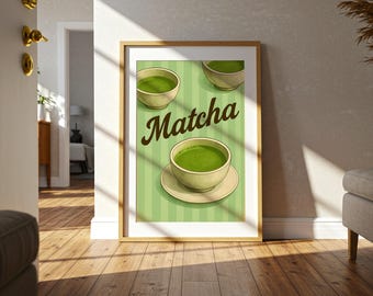 Impression d'art matcha | décoration murale de cuisine vintage | Poster de thé japonais | Cadeau pour amoureux du matcha | Téléchargement numérique | Esthétique rétro minimaliste de café
