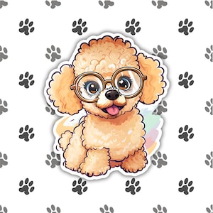 Cute Poodle Dog Sticker with Glasses - Funny Cartoon Poodle Decal - Fluffy Puppy Vinyl Sticker for Dog Lovers, Journals, and Laptops