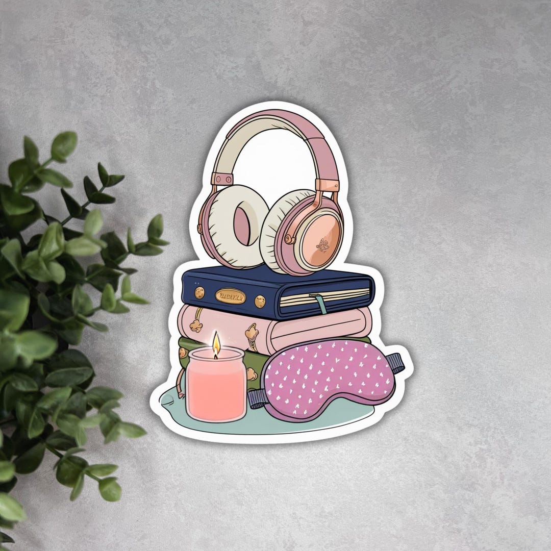 Cozy Aesthetic Sticker - Pink Headphones Books Candle Sleep Mask ...