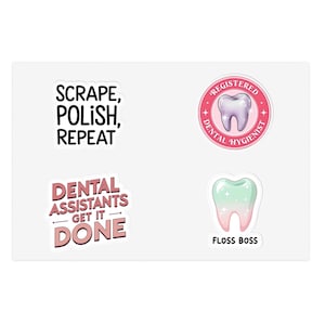 Dental Hygienist Sticker Sheets - Floss Boss, Dental Assistant, Cute Decor for Offices, Notebooks, Gifts for Dental Professionals