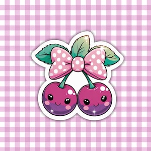 Kawaii Cherries Sticker - Cute Pink Polka Dot Bow Decal, Sweet Fruit Aesthetic Sticker, Sparkly Cherry Lover Gift, Girly Cherry