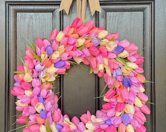 Vibrant Tulip Spring Wreath, Pink Lilac Yellow Peach Floral Door Decor