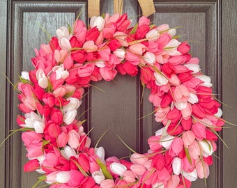 Tulip Wreath, Pink Floral Decor, Spring Wreath