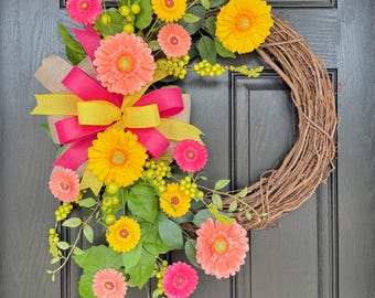 Gerber Daisy wreath, Spring wreath, Daisy wreath, Spring grapevine wreath