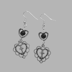 Gothic Cross Heart Earrings – Black Bead Dangle, Alternative Faith Jewelry, Statement Drop Earrings