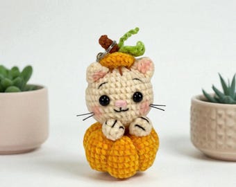 Cat Keychain Crochet Pattern PDF, Pumpkin Amigurumi Plush, Halloween Cat Toy, Easy Animal Crochet, Stuffed Cat Charm, Digital File