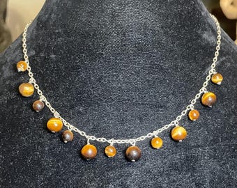 Vintage 90s Sterling Silver Tiger’s Eye Dangle Necklace & Earrings Set