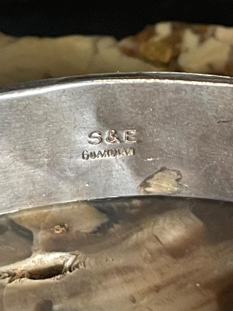 May include: Close-up of a silver-toned metal object with the engraved text "S&E GUARDIAN". The object has a reflective surface and appears to be part of a larger piece. The background is a light brown color.