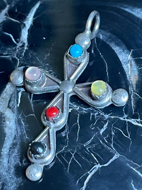 Native American Sterling Silver Multi Gemstone Handmade Cross Pendant