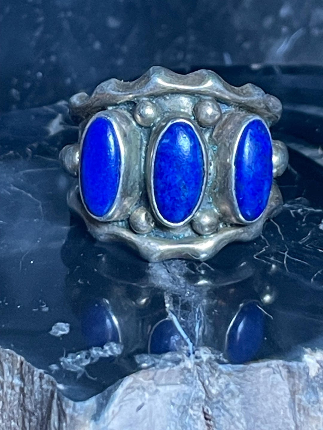 Vintage Running Bear Navajo Sterling Silver Lapis Lazuli Cabochon Three ...
