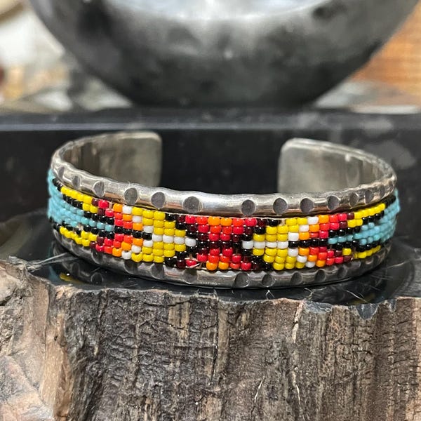 Vintage RY Sterling Silver Native American Seed Bead Cuff Bracelet 6.5” Colorful Hand Beaded Southwest