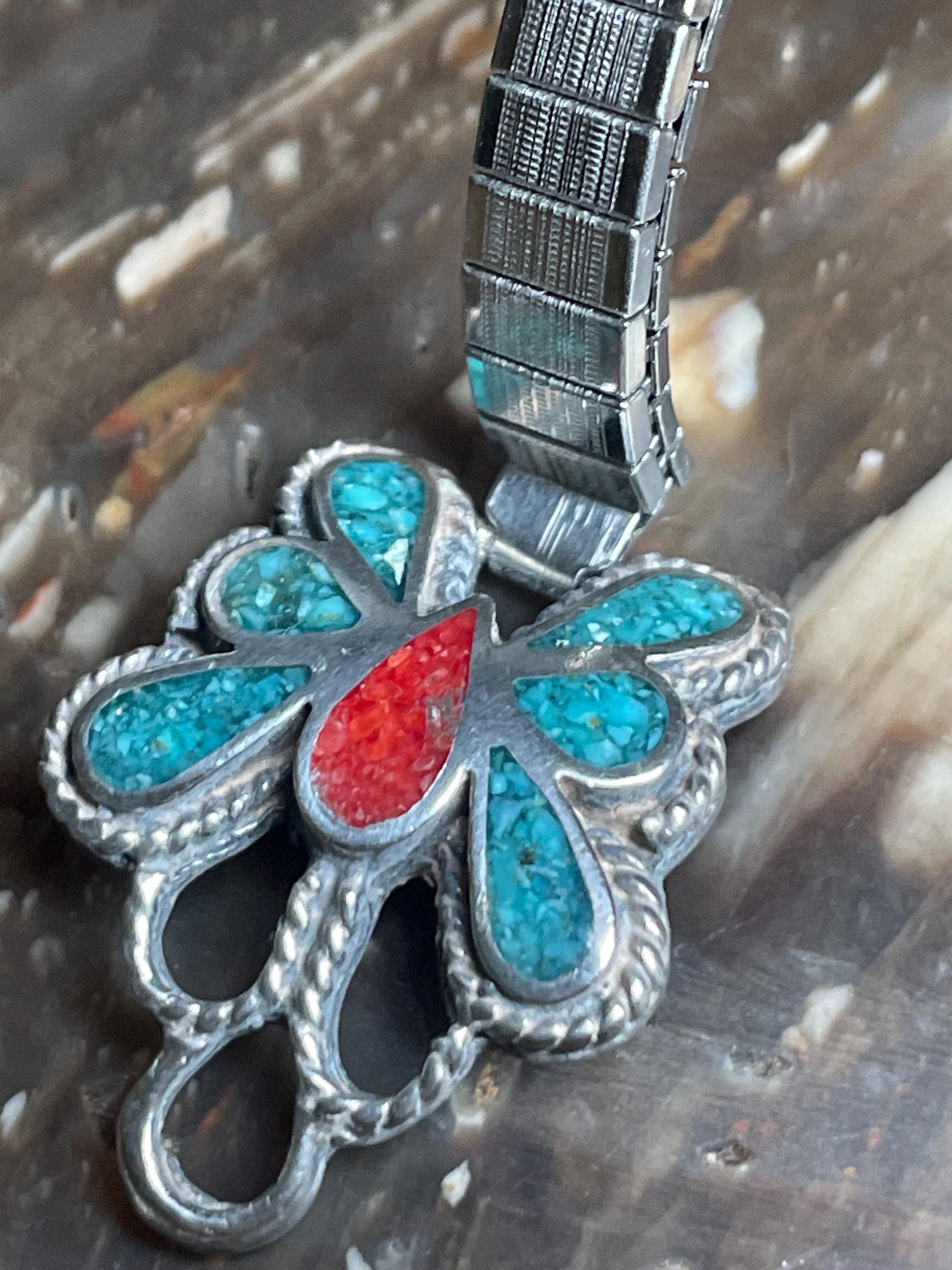 Vintage Southwestern Sterling Silver Crushed Turquoise  display picture 2
