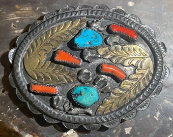 Hebilla de cinturón vintage Navajo de plata esterlina con turquesa y coral de Moore