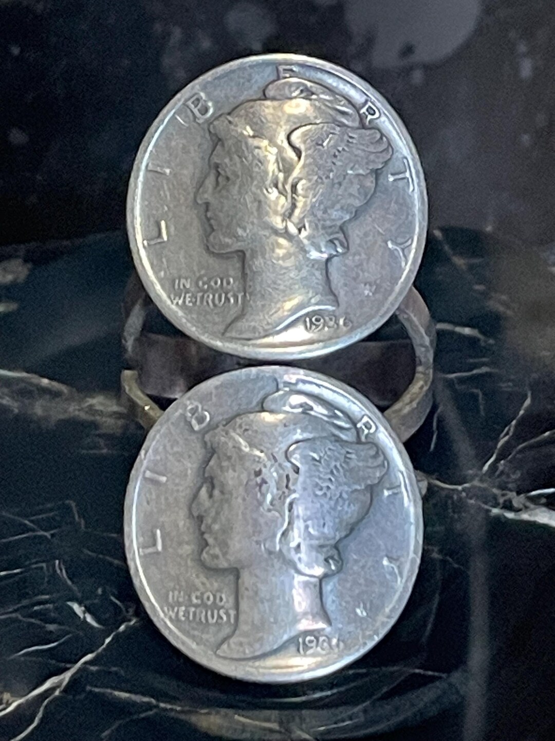 Daime Rind 1936 Mercury Dime Double Silver Coin Ring Sterling Silver Setting Folk ...