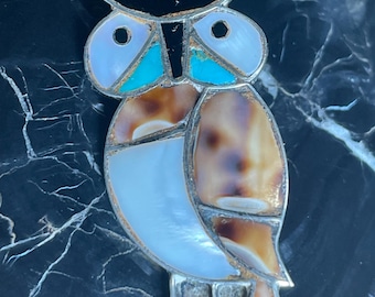 Vintage Zuni Owl Brooch, Sterling Silver, Turquoise, Shell Inlay