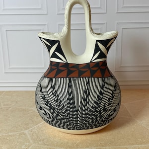 Vaso da matrimonio in ceramica Garcia Acoma NM, nero, bianco e rosso, geometrico, firmato, 20 cm