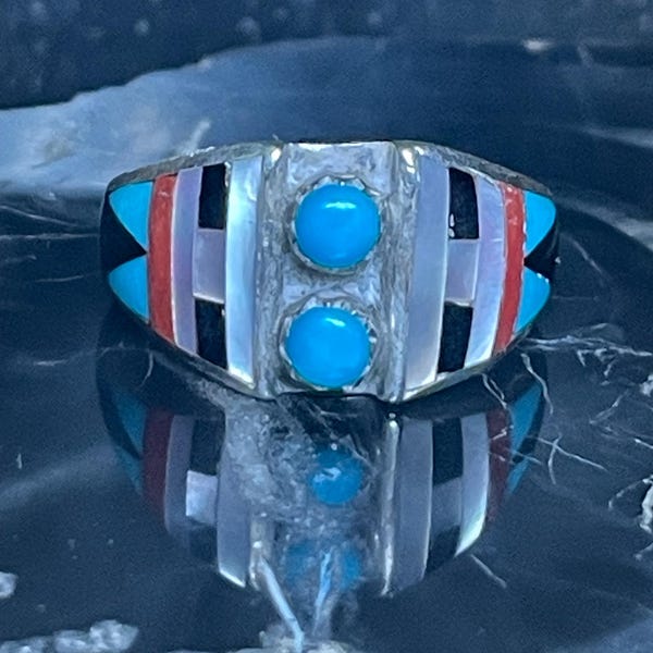 Zuni Delberta Boone Sterling Silver Multi Gemstone Inlay Ring Size 5.75
