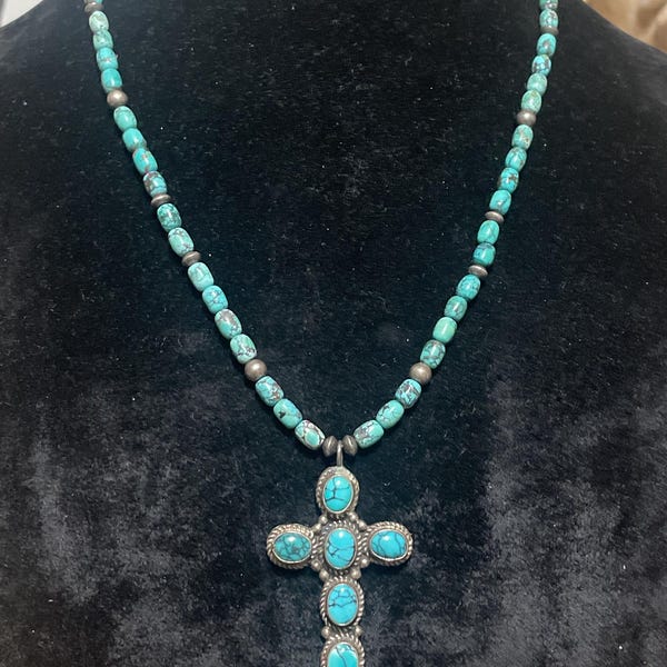 Large Signed JJ Chavez Navajo Cross Pendant Necklace Sterling Silver and Turquoise Hand-Beaded 22.5”