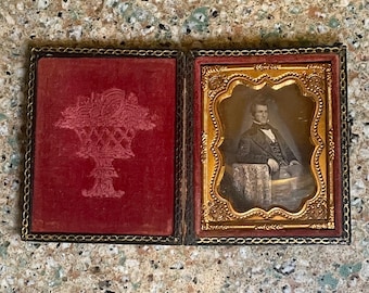 Antique Ambrotype Gentleman Portrait in Union Case | Civil War Era Victorian Photograph | 1800s Photo Case w/ Ornate Brass Mat