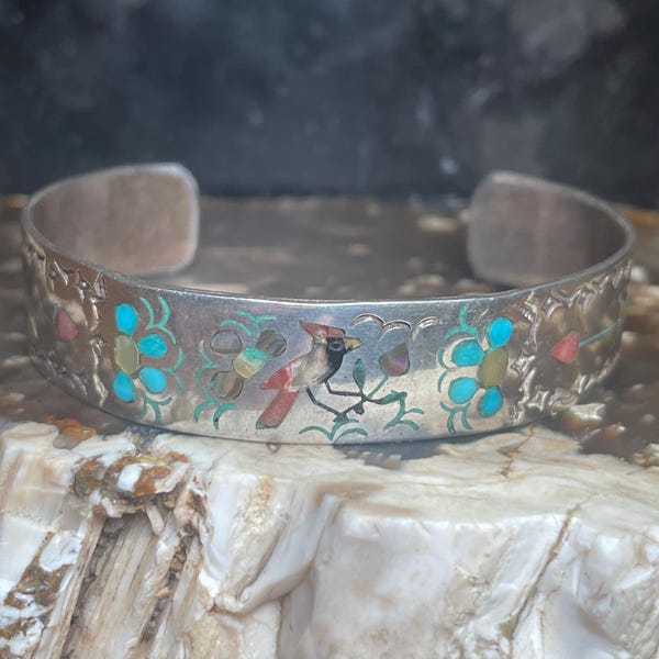 Sammy and Ester Guardian Sterling Silver Turquoise and Coral Zuni Inlay Cuff Bracelet 6.5”
