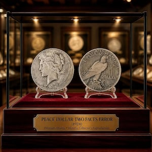 Puede incluir: Dos monedas Peace Dollar de tono plateado expuestas en una vitrina sobre una base de terciopelo rojo. La moneda izquierda muestra el perfil de Lady Liberty, la derecha un águila, ambas fechadas en 1924. Una placa de latón dice: PEACE DOLLAR TWO FACES ERROR (1924).