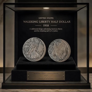 Może przedstawiać: Dwie srebrne monety Walking Liberty half dollar z 1918 roku w czarnej gablocie. Monety przedstawiają postać Liberty i orła. Tabliczka wskazuje 12,5g i 30,6mm. Tekst na wyświetlaczu brzmi UNITED STATES WALKKING LIBERTY HALF DOLLAR 1918.