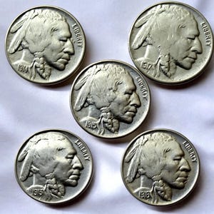 Set buffalo nickel fem cent indiskt huvud (1913-1917) myntmärke P, 5 st mynt omstämplad
