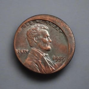 Puede incluir: Una moneda de cobre de Lincoln de 1955. La moneda presenta un perfil de Abraham Lincoln y las inscripciones "IN GOD WE TRUST" y "LIBERTY". También es visible el año "1955".