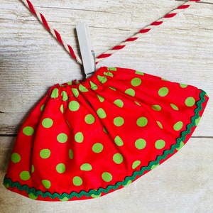Christmas Elf twirl skirt, red with green dots doll skirt, RTS