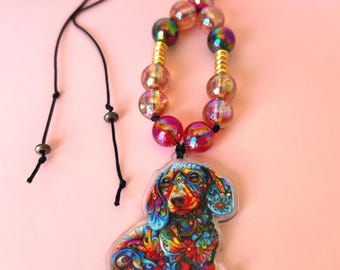 Dachshund Dog Animal lovers Car Rearview Mirror Charm Colorful Beaded Hanging Ornament décor