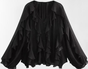 2025 Sommer-Chic Damen Elegant Lockere Langarm Hemd Büro Dame Vintage V-Ausschnitt Lichtdurchlässig Gestufte Rüschen Blusen