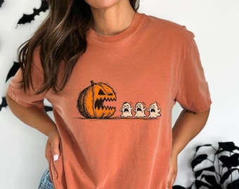 Camiseta de Halloween con colores cómodos para gamers: camiseta de calabaza y fantasma de Pac-Man