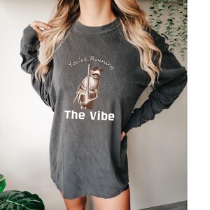May include: Dark gray long-sleeve shirt with a graphic of a frog wearing sunglasses and holding a pole. The text "You're Ruining The Vibe" is above and below the frog illustration.