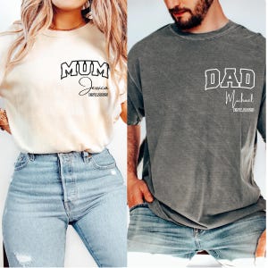 Comfort Colors®Custom Mom Dad  T-shirt, Personalized Mama & Dad Pocket Shirt, Pregnancy Announcement Tee, Matching Parents Outfit Gifts