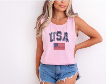 Débardeur Comfort Colors avec drapeau des États-Unis : coupe moulante en coton teint en pièce