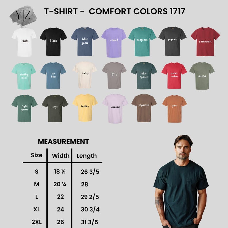 以下が含まれることがあります： 白、黒、ブルージーンズ、紫など、さまざまな色のComfort Colors 1717 Tシャツのディスプレイ。画像には、センチメートル単位の測定値を含むサイズチャートと、濃い緑色のTシャツを着た人が含まれています。