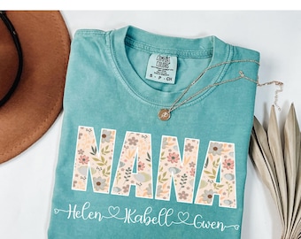 Chemise grand-mère personnalisée Comfort Colors®, prénoms petits-enfants, t-shirt grand-mère à fleurs, cadeaux Mimi, chemise fête des mères, chemise grand-mère personnalisée pour enfants