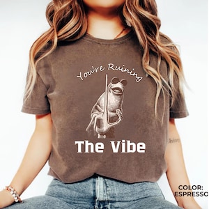 May include: Espresso-colored t-shirt featuring a frog graphic wearing sunglasses and holding a pole. The text "You're Ruining The Vibe" is above and below the frog illustration. The shirt is a short-sleeved, casual style.