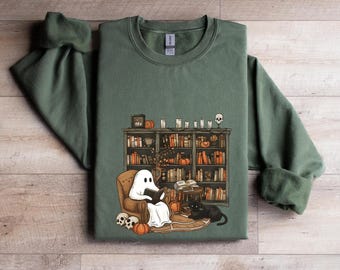 Retro Ghost Librarian Sweatshirt: Halloween Teacher Shirt