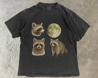 Drie wasberen retro grafische T-shirts, vintage Comfort Colors® T-shirt wasbeer maan, wasbeerliefhebbers, grappig wasbeer-T-shirt, oversized gewassen T-shirt