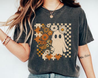 Comfort Colors Checkered Ghost Shirt: Halloween Floral Cottagecore Tee