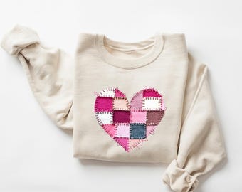 Valentine Patchwork Heart Shirt, Faux Patchwork Quilted Hearts Tee, Quilter Valentine Sweatshirt, Floral Gingham Sewing Lover Gift