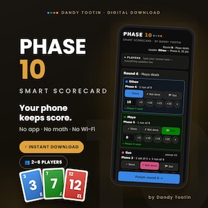 Phase 10 Scorecard for Your Phone — Smart Digital Score Keeper | Auto Phase Tracking, 2-6 Players, No App | Instant Download