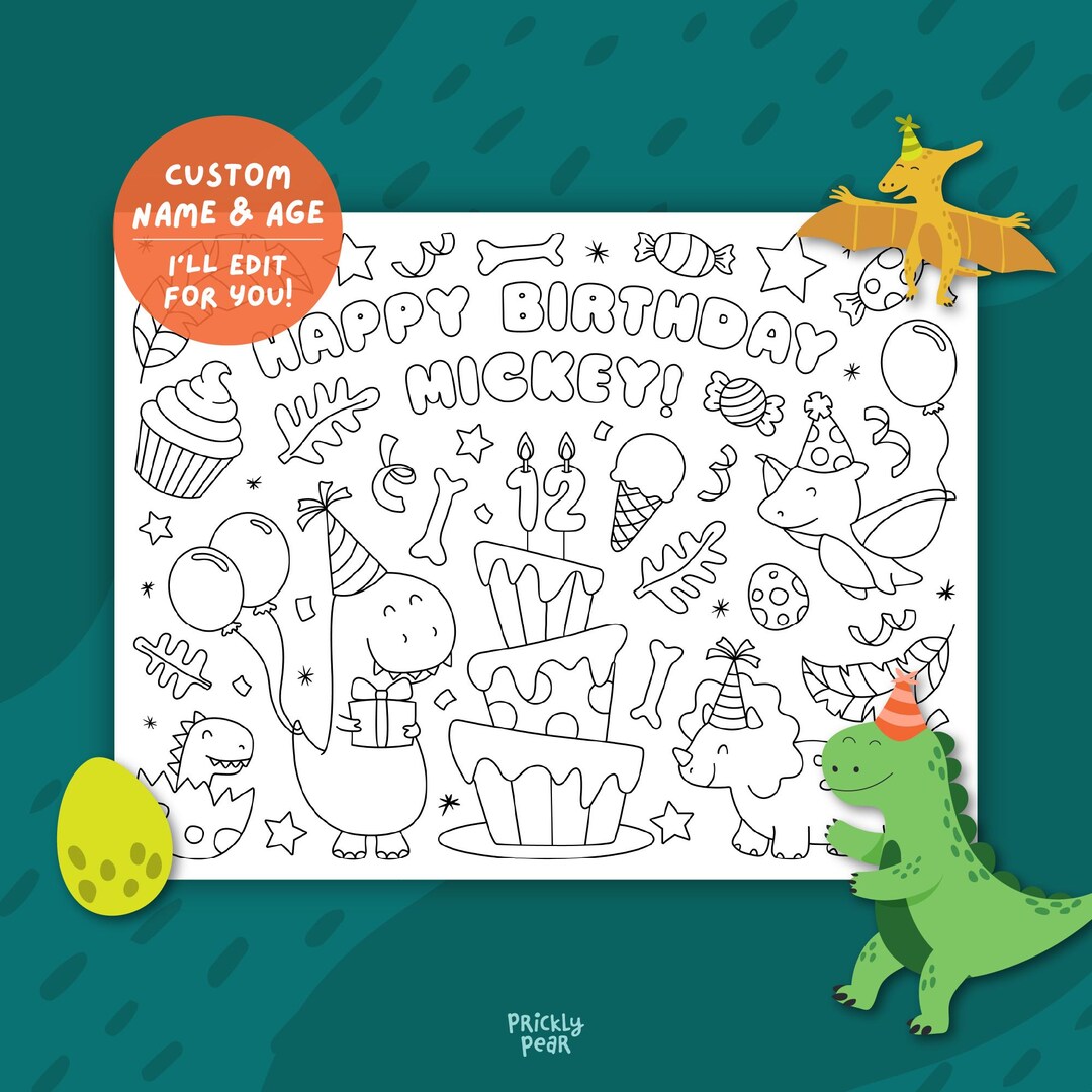 Personalized Dinosaur Birthday Coloring Placemat, Kids Printable Dino ...