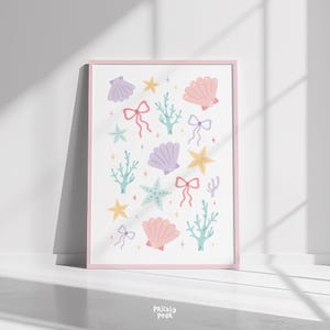 Coquette Bow Seashell Printable Wall Art, Coastal Trendy Colorful Ocean Print, Aesthetic Pink Summer Beach House Decor, Digital Download