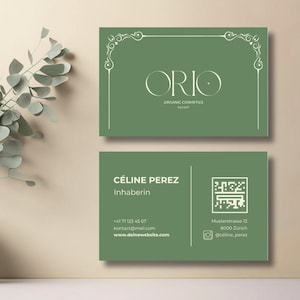 May include: Two business cards with a green background and white text. The top card has the logo "ORIO ORGANIC COSMETICS" and decorative corner elements. The bottom card includes the name "C&Eacute;LINE PEREZ", contact information, and a QR code.