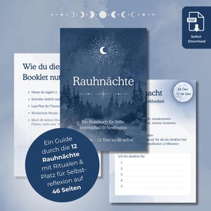 Puede incluir: Una descarga digital de un folleto titulado "Rauhnächte" con una cubierta azul oscuro que presenta una luna creciente y una ilustración de un bosque. El folleto incluye rituales y espacio para la autorreflexión. La descarga PDF está disponible.