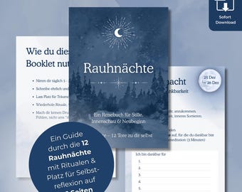 Può includere: Un download digitale di un libretto intitolato "Rauhnächte" con una copertina blu scuro con una luna crescente e un'illustrazione della foresta. Il libretto include rituali e spazio per l'autoriflessione. Il download PDF è disponibile.