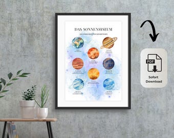 Solar System Poster to Print A3 | Planet Overview | Space Educational Poster | Also as a Gift | PDF Download | Digital Children's Poster