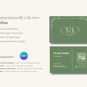 May include: Two business cards, each 85 x 55 mm, with a green background. The top card features the text "ORIO ORGANIC COSMETICS" and a decorative border. The bottom card includes contact information and a QR code. The name "C&eacute;line" is displayed.